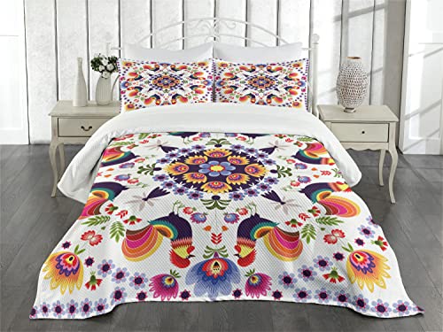 Ambesonne Polish Folk Art Bedspread, Folkloric Ornaments With Flowers And Cockerels On Plain Background, Decorative Quilted 3 Piece Coverlet Set With 2 Pillow Shams, Queen Size, Purple White #TOP1