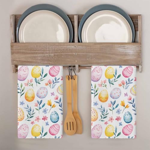 Image of Easter Kitchen Towels Easter Eggs Colorful HHand Towels Spring Flower Seasonal Spring Decoration Dish Towel Soft Absorbent Quick Drying 3 Pack Dish Cloths 18x28 Inch