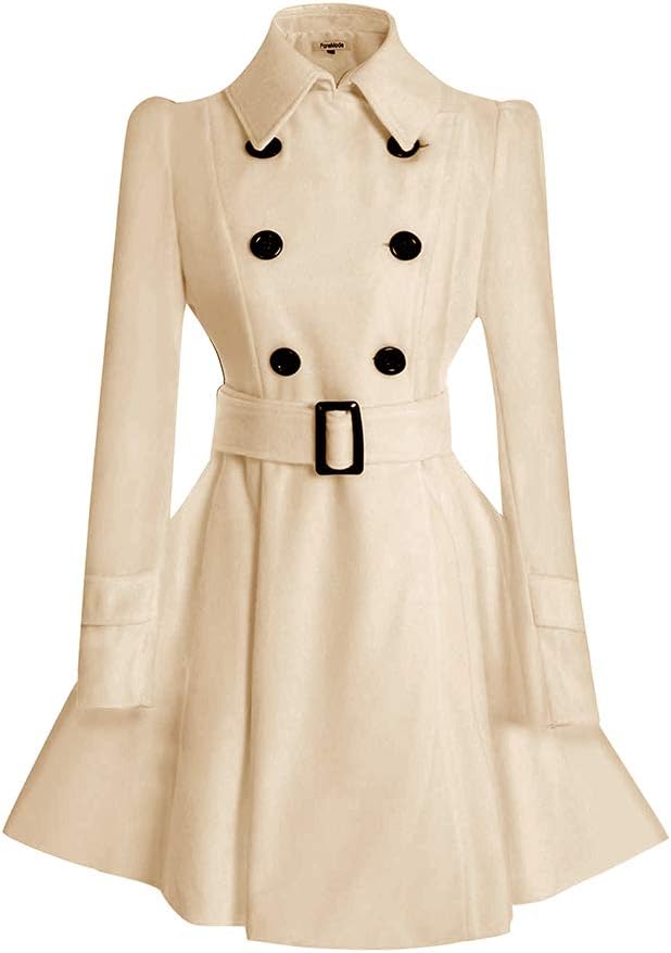 ForeMode Women Swing Double Breasted Wool Pea Coat with Belt Buckle Spring Mid-Long Long Sleeve Lapel Dresses Outwear(Beige,XXL)
