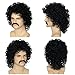 Miss U Hair Jerry Curl Wig Mens Short Black Curly Wig With Mustache 70s Rocker Mullet Halloween Costume