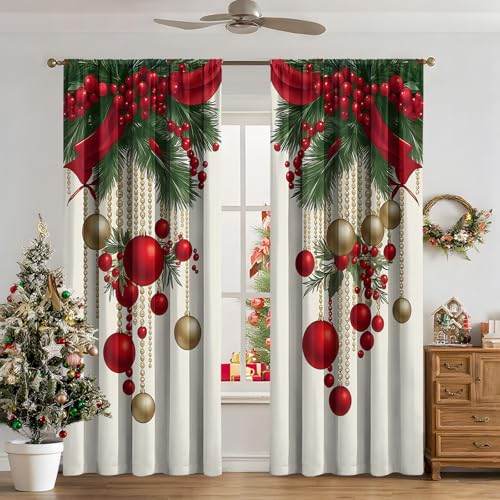 Christmas Ball Holiday Printed Curtains, 2 Pieces Xmas Curtains for