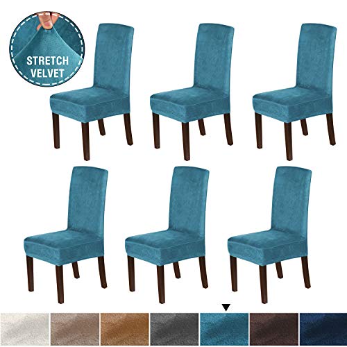 H.VERSAILTEX Velvet Dining Chair Covers Stretch Chair Covers for Dining Room Set of 6 Parson Chair Slipcovers Chair Protectors Covers Dining, Soft Thick Solid Velvet Fabric Washable, Peacock Blue