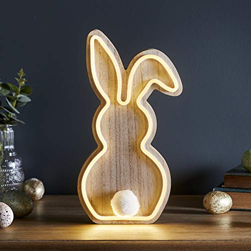Lights4fun Lampe Néon de Table Lapin en Bois avec LED Blanc Chaud à Piles pour Intérieur Décoration de Pâques