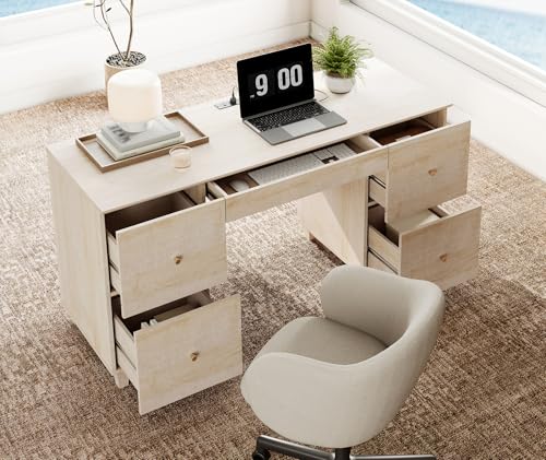 Image of WAMPAT 58 Inch Wood Desk with 4 Deep Drawers & Charging Station, Light Oak | Modern Executive Desk with Keyboard Storage Drawer, Home Office Large Wooden Computer Desk, Work & Study Writing Desk