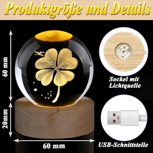AWARDSEN 60 mm Kristallkugel Vierblättriges Kleeblatt Glücksbringer Prüfung, Glückssteine Briefbeschwerer Glaskugel Deko Geburtstagsgeschenk für Frauen, Crystal Ball Kleine Geschenke