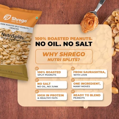 Image of Shrego NutriSplits Dark Roasted Split Peanuts (Unsalted) | Ready-to-Blend | High Protein, Gluten-Free | Peanut Butter Ready | No Added Oil or Salt | 1000 g