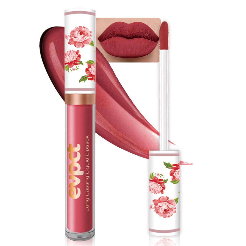evpct 1Pcs Ruby Red Matte Liquid Lipstick Lip Stain Sets for Women, Peony Flower Dark Red Matte+Lipstick Long Lasting Permanent 24 hr Hours Magic