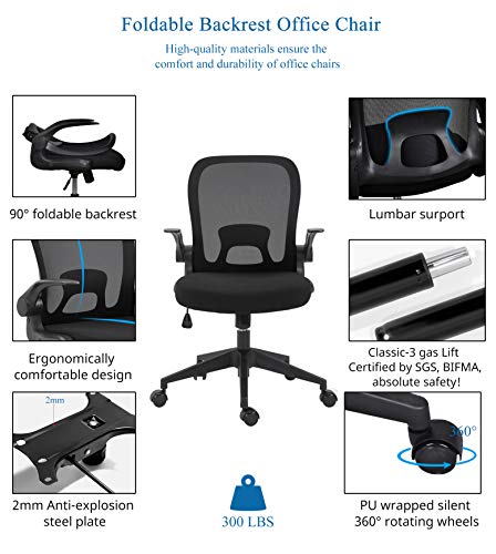 IPKIG Foldable Office Chair - Home Office Desk Chair with Flip-Up Arms and Foldable Backrest, Mesh Computer Chair Executive Office Chair (Black)
