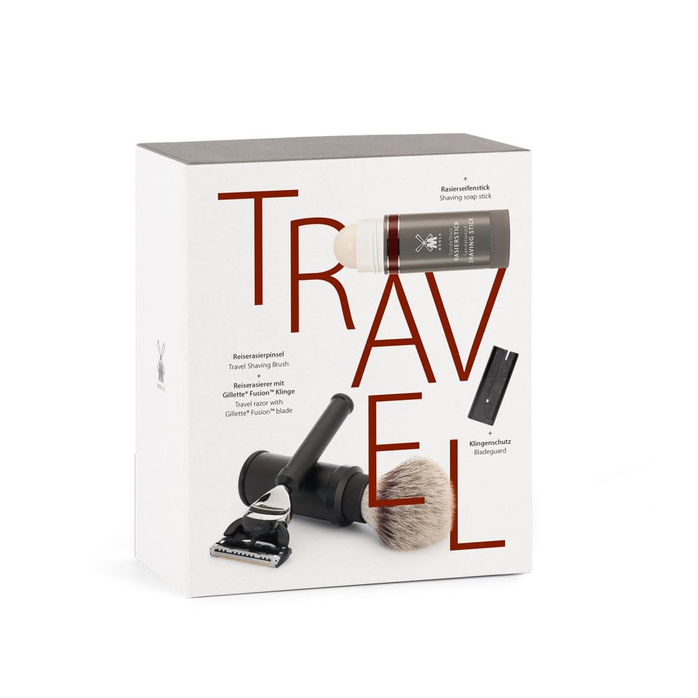 MÜHLE Geschenkset Travel - Rasierset 5 tlg. - Reiserasierer schwarz, aus eloxiertem Aluminium, Klinge mit Schutz, Rasierpinsel, Seifenstick 37 g