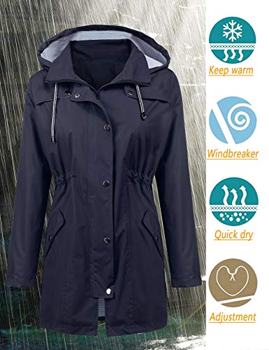 Lomon Women Rain Jacket Lightweight Travel Trench Waterproof Raincoat Hoodie Windproof Hiking Coat Packable Rain Jacket Navy Blue L thumb #1