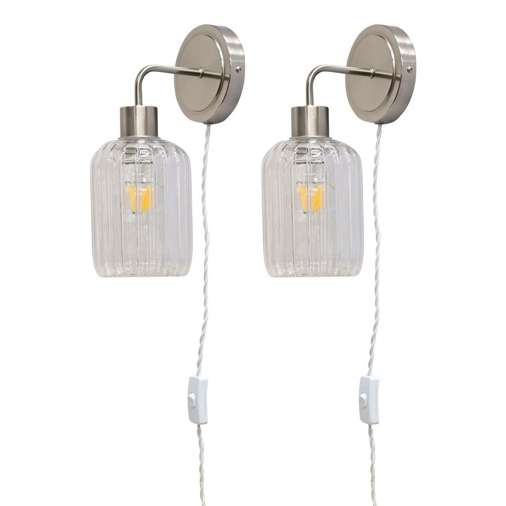 Firstchoicelighting Satin Nickel & Clear Set Of 2 Satin Nickel Plug In Wall Lights Or Bedside Reading Lamps With Clear Ribbed Lozenge Glass Shades