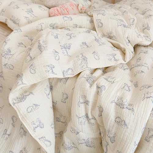 Image of BuLuTu Boys Girls Toddler Bed Quilted Blanket Cotton Muslin Thin Summer Comforter for Twin Size Bed, Soft Breathable Kids Quilt with Lace Edges, 60x78 Inches, Blue Cat Pattern, No Pillow