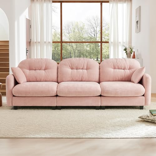 Image of KEIKI 107 inch Oversized Chenille Modular Sectional Sofa with High-Density Foam Cushion and Tufted Pleated Cushion Backrest, Upholstered Modern 3-Seater Cloud Couch with 2 Pillow, for Living Room, Pink