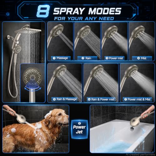 Image of Veken 12 inch Rain Shower Head with Handheld,High Pressure Power Wash,Magnetic | Starlight,Dual Shower Heads Combo,8-Mode Hand Held Spray with Hose,Double Detachable Rainfall Showerhead,Bathroom Accessories