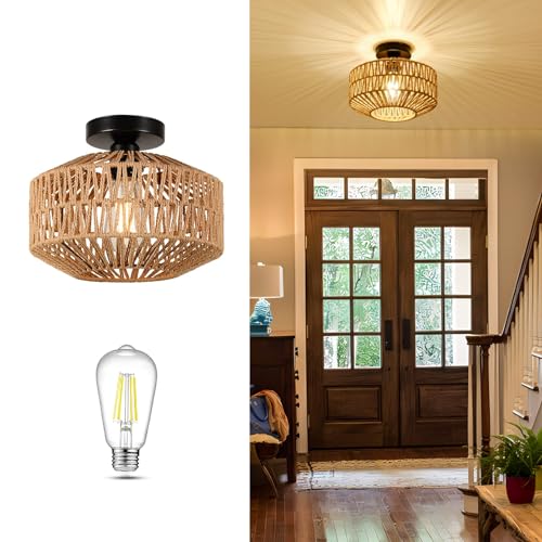 Boho Light Fixtures Ceiling Mount, Mini Rattan Chandelier Light Fixture with Dimmable LED Bulb,Hand Woven Ceiling Light Fixtures Flush Mount for Hallway Bedroom Kitchen Entryway Living Room by HMVPL - Image 8