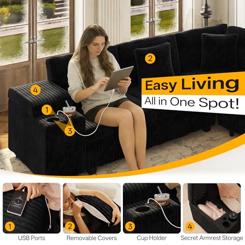 Image of KEIKI 110 inch L-Shaped Oversized Plush Corduroy Modular Sectional Sofa with Pull-Out Bed, Convertible 6-Seater Sleeper Couch Bed with 1 Ottomans & USB & Cup Holders, Easy Assembly, for Living Room, Black