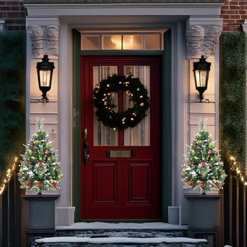 2 Set 30 Inch Outdoor Christmas Tree with LED Lights, Battery Powered & 6H Auto Timer, 8 Modes, Prelit Christmas Tree with Pine Cones Red Berries and Ball, Holiday Decor for Porch Yard Patio Pathway - Image 3