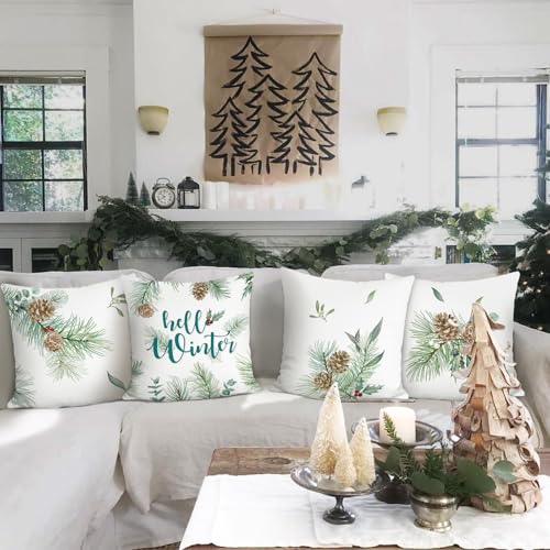 Bonhause-Hello-Winter-Throw-Pillow-Covers-18-x-18-Inch-Pine-Leaves-Cones-Green-Plant-Botanical-Decorative-Pillow-Cases-for-Couch-Sofa-Bed-Home-Holiday-Decor-Set-of-4 Bonhause Hello Winter Throw Pillow Covers 18 x 18 Inch Pine Leaves Cones Green Plant Botanical Decorative Pillow Cases for Couch Sofa Bed Home Holiday Decor Set of 4