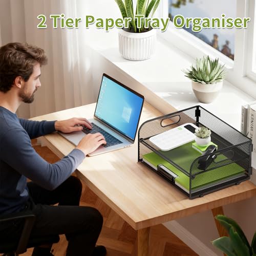 2-StöCkiger Schreibtisch-Ablagehalter Aus Metallgitter, Brief- Und Papierablage Mit Griff, rutschfeste Basis FüR BüRo- Und Schulbedarf, Schwarz