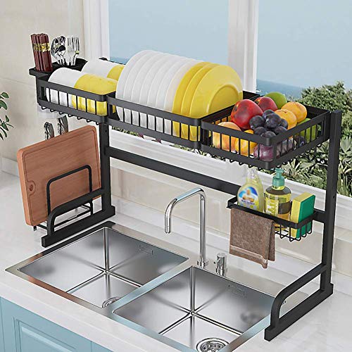 Over Sink Dish Drainer, Geschirrkorb mit Utensilienhalter, Geschirrtrockner aus Edelstahl, Organizer Regal Zähler Küche Schwarz 82 cm (32 Zoll)