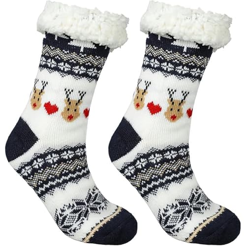 Meias de Natal de rena com coração unissexo, meias natalícias de algodão extra quentes para inverno, presente divertido e acolhedor para família em festas, azul