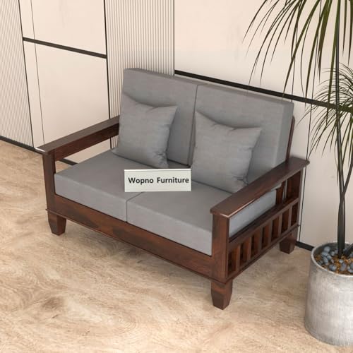 Image of Sheesham Wooden 2 Seater Sofa for Living Room | Rosewood Cushion Sofa with Side Newspaper Holder for Home & Office | Solid Wood Sofa Set for Lounge (Walnut, 2 Seater)