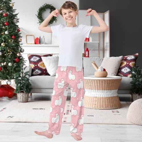 Boy's Pj Pants White Fluffy Alpaca Heart Lounge Bottoms Elastic Waist Kids Joggers with Pockets Size 6-142