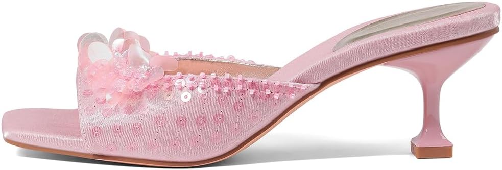 Mattiventon Kitten Heels for Women Comfortable Stiletto Heeled Mule Sequin Open Square Toe Slip On Trendy Sandals Prom Party Wedding and Vacation