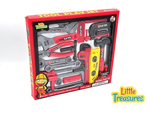 Little Treasures Nuts & Bolts Kids Tool Set from Complete with Band-Saw, Level, clamp, Stencil, Lug Wrench, Pliers, Wrench, vice, Screwdrivers, File, and Screws –Play Set for Children 3+