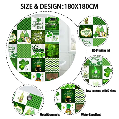 Cyrekud 72" X 72" St.patrick's Day Shower Curtain Green Clover Shamrock Irish Gnome Bathroom Set St Patricks Day Holiday Home Bath Bathtub Decor Durable Fabric Machine Washable With 12 Hooks #TOP2