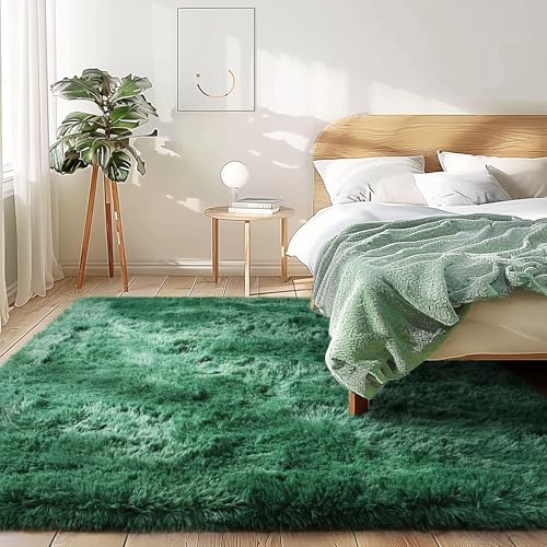 Fluffy Rug Washable 5x7 Feet, Emerald Green Nursery Rug for Baby Girl Play Room Cute Large Rugs for Living Room