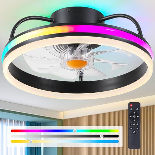 Image of Ceiling Fan-Low Profile Ceiling Fan with Light - Modern Flush Mount Ceiling Fan ,16 inch RGB Dimmable LED Enclosed Ceiling Fans,Modern Bladeless LED-RGB Ambient Light for Bedroom Kids Room Party(Black)