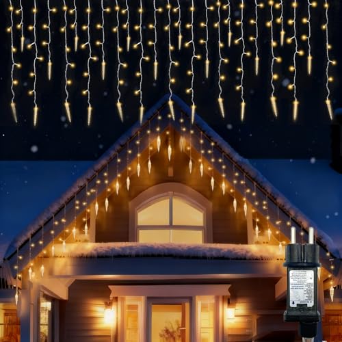 Opard Eisregen Lichterkette Außen 10,8 m 300 LEDs Warmweiß mit Eisstangen-Dekoration, Eiszapfen Weihnachtsbeleuchtung Aussen, Lichtervorhang Außen,...