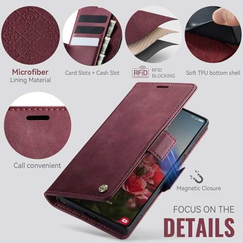 Cracedily Wallet Case for Samsung Galaxy S24 Ultra Leather Wallet Flip Cover with Card Holder, Kickstand, Magnetic Closure, RFID Blocking TPU Shockproof Phone Case Compatible with S24 Ultra, Red - image 2