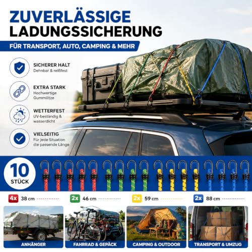 10er Expander mit Haken - Extra Starke Spanngummis - Gepäckspanner zur Befestigung - Spanngurte zur Ladungssicherung bei Transport - Autozubehör