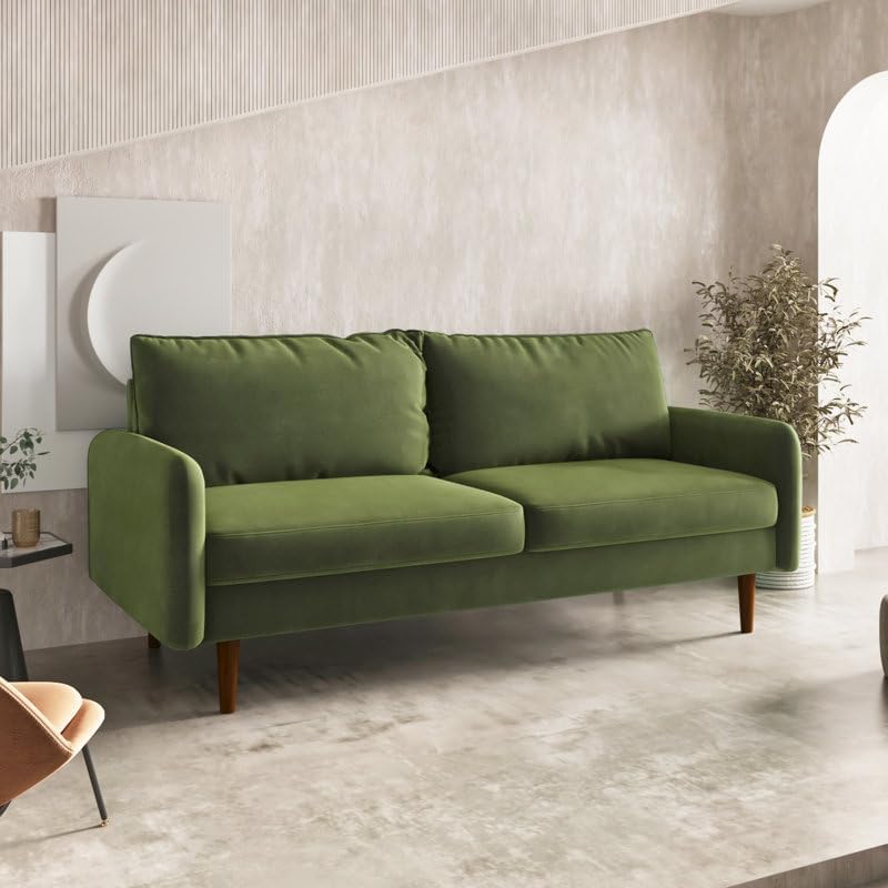Image of Morrone Velvet Loveseat 3-Seater Sofa, Modern Upholstered Couch for Living Room, Bedroom and Office, Plush Cushion Accent Seating Furniture (Olive Green, 3 Seater)