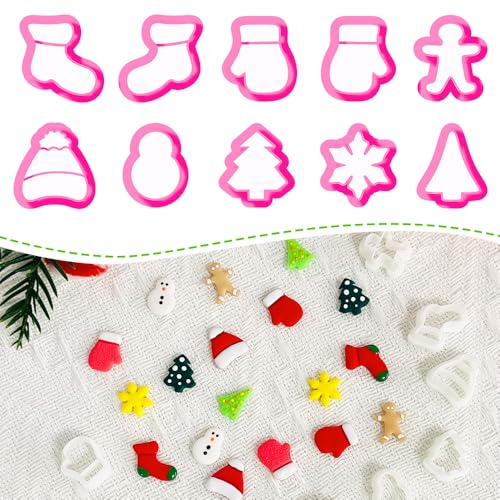 Xaekicr Christmas Polymer Clay Cutters Set 10 Pcs Clay Earring Cutters for Holiday Crafts Snowman Gingerbread Tree Mittens Polymer Clay Molds and Tools for Jewelry Making