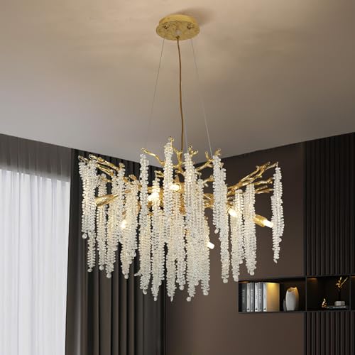 ZenithBeam Lustre Cristal Moderne Doré,Ronde Lumières Forme De Branche Aluminium Lustre Salon,Luxe Lustres Suspendu 10×G9 Base Suspension Luminaire...