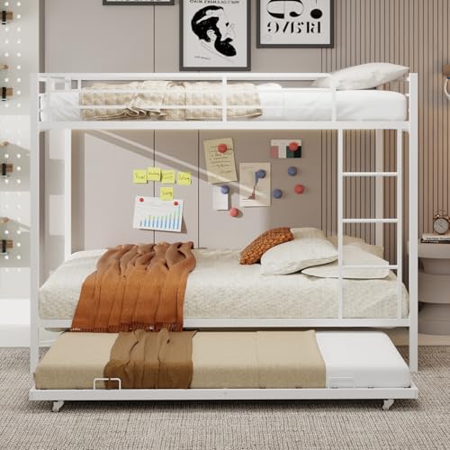 KEIKI Queen over Queen Size Metal Bunk Bed Frame with Trundle & Built-in Ladder & Full-Length Railing, Modern Bunk Bed with Slats & Guardrail, No Box Spring Required, Easy Assembly, for Bedroom, White