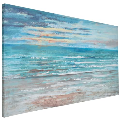 Home Selections Abstract Seascape Canvas Wall Art, 100 x 50cm, 3D Hand Painted Canvas Picture, Large Blue Teal Coastal Wall Decor for Bedroom, Living Room, or Kitchen