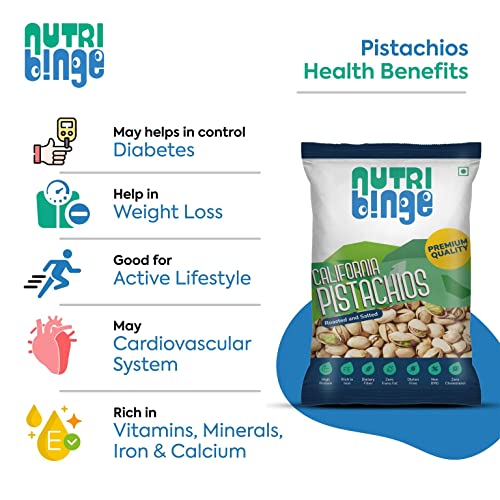 Image of NUTRI BINGE Pistachios (Pista 100 Grams) - Pack of 3, Premium California Roasted and Salted Pista Dry Fruits, Fresh Nutrient Rich Vegan Healthy Snacks