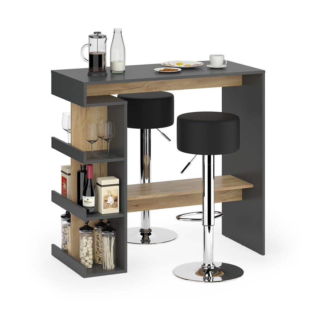 Vicco Set de Mesa de Bar Dana, Antracita/Roble Dorado, 108 x 50 cm con 2 taburetes de Bar, con estantes Abiertos para Usar como Mesa Alta
