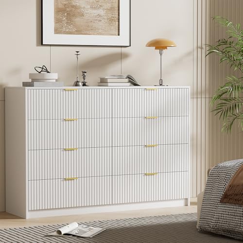 Image of Furniway White 8 Drawer Dresser for Bedroom, Modern Dresser with Smooth Slides, Wide Chest of Drawers with Golden Handles for Bedroom, Living Room, Closet, 15.7 inch D x 55 inch W x 37.4 inch H