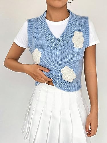 WDIRARA Women's Cloud Patched V Neck Sleeveless Sweater Vest Rib Knit Pullovers4