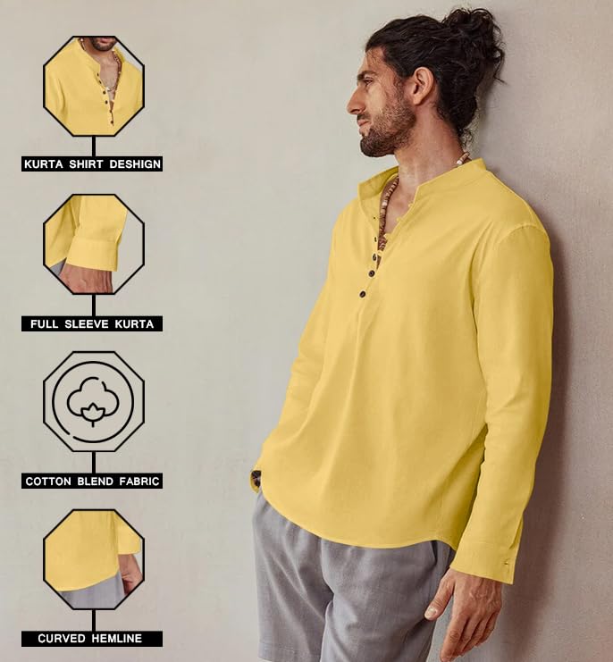 Royalscout Men's Cotton Solid Full Sleeve Short Kurta Shirt Yellow