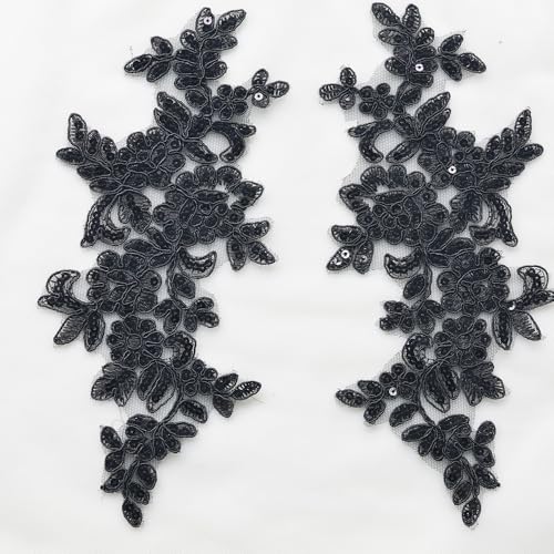 BIHILGRNT 2 PCS Floral Lace Applique Patches Sew On Embroidery Appliques for Dress Corset Bridal Gown Costume DIY Clothing & Wedding Dress Decoration Black White Red (Black)