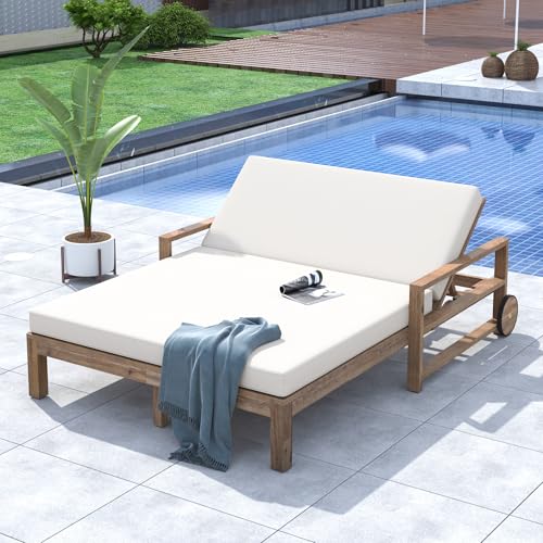 Polibi 4-Position Adjustable Outdoor Double Chaise Lounge Chair for 2 Persons, Wooden Sunbed Daybed with Beige Cushion and Wheels, Farmhouse-Styled