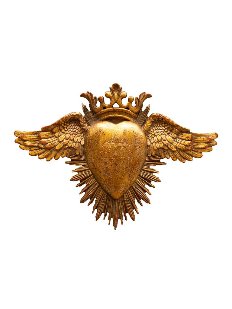 Ex-voto heart and golden wings decorated with a crown. Dimensions 17.5 x 24.5 cm. Hanging system provided at the back.