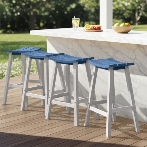 Image of Ciokea 4 Set 29 inch Outdoor Bar Stools, Heavy Duty HDPE Outdoor Stools Weatherproof Waterproof Patio Seats Modern Bar Height Tall BarStools for Bar Deck Balcony Yard, White and Navy Blue