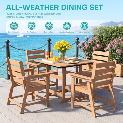 Image of 5 Piece Patio Dining Set, HDPE All-Weather Furniture with 4 Chairs & 1 Square Table, for Backyard, Garden, Cedar